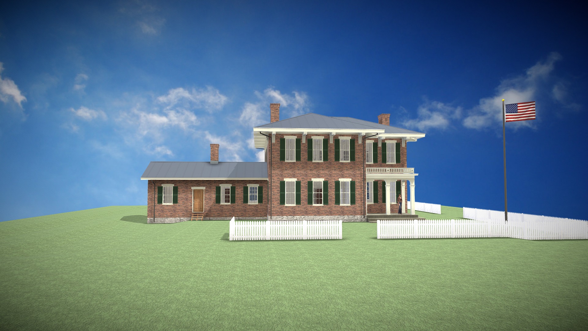 3D model Ulysses S. Grant Home - This is a 3D model of the Ulysses S. Grant Home. The 3D model is about a large brick house with a flag on the front.