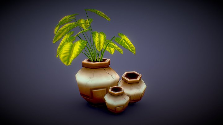 Pottery Plants Lowpoly Handpainted 3D Model