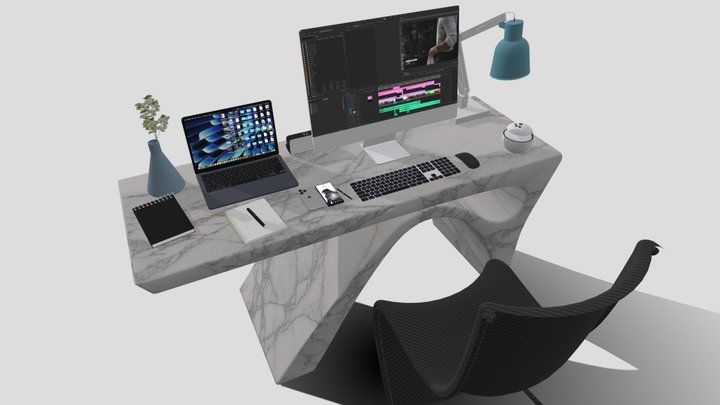 Modern Marble Work Desk With White Apple Theme 3D Model