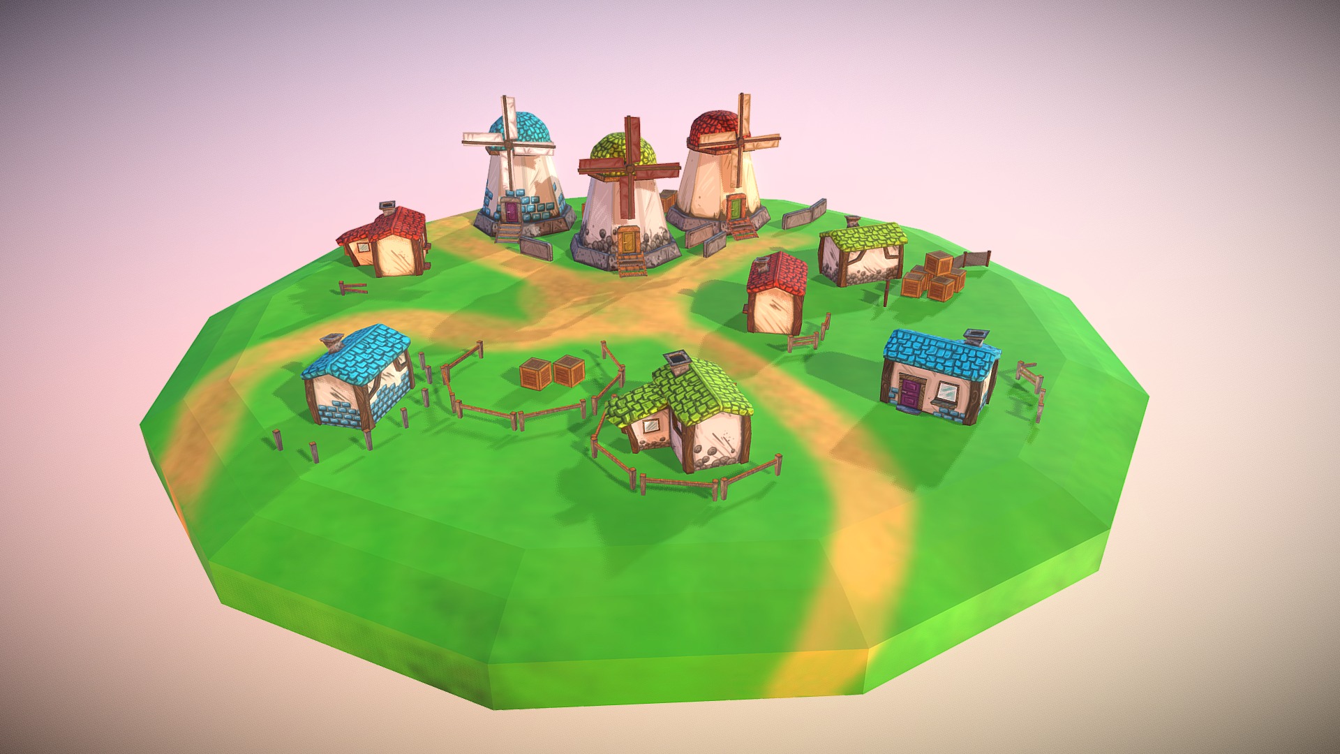 3D model Little Village - This is a 3D model of the Little Village. The 3D model is about a green and yellow circle with houses and trees.
