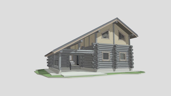 Деревянный дом из бревна с каркасным этажом 3D Model