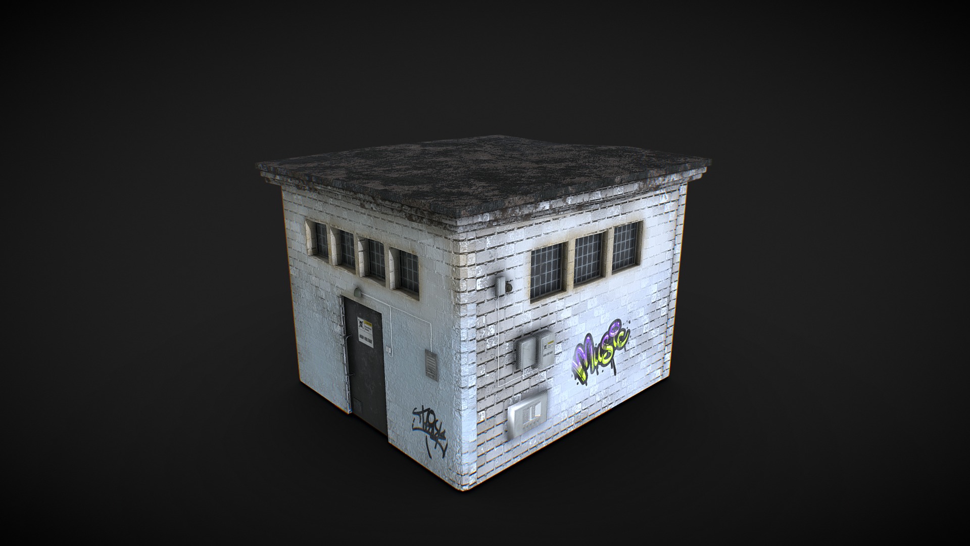 3D model Small Power House – low poly - This is a 3D model of the Small Power House - low poly. The 3D model is about a building with a cartoon on it.