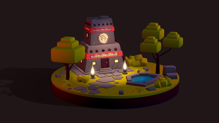 Low Poly Aztec Jungle House Illustration 3D Model
