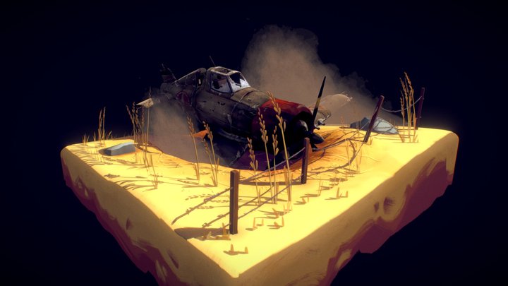 Crashed airplane in wheat field 3D Model