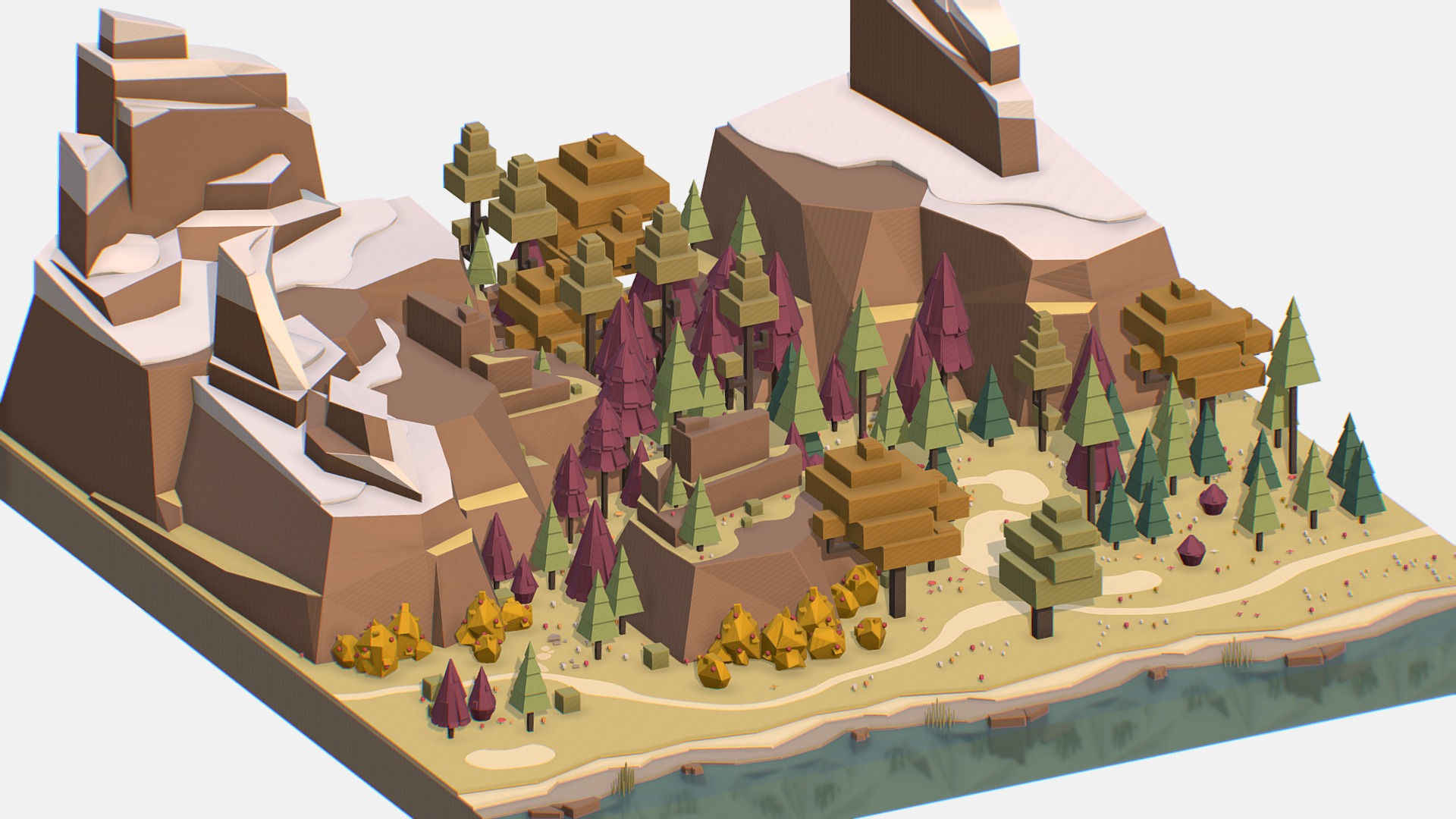 3D model Isometric style autumn big mountain landscape - This is a 3D model of the Isometric style autumn big mountain landscape. The 3D model is about a toy house made of building blocks.