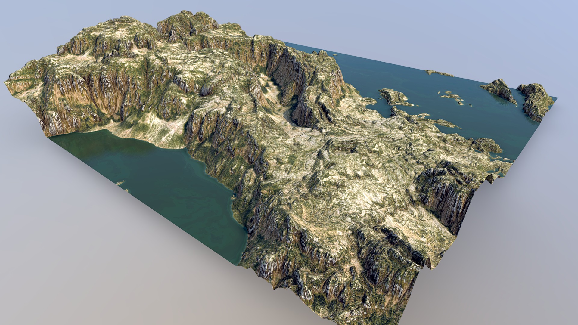 3D model Winding Chasm Badlands – Flooded - This is a 3D model of the Winding Chasm Badlands - Flooded. The 3D model is about a rocky island with a body of water in the middle.