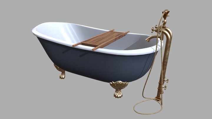 Antique BathTub with Wooden Tray 3D Model