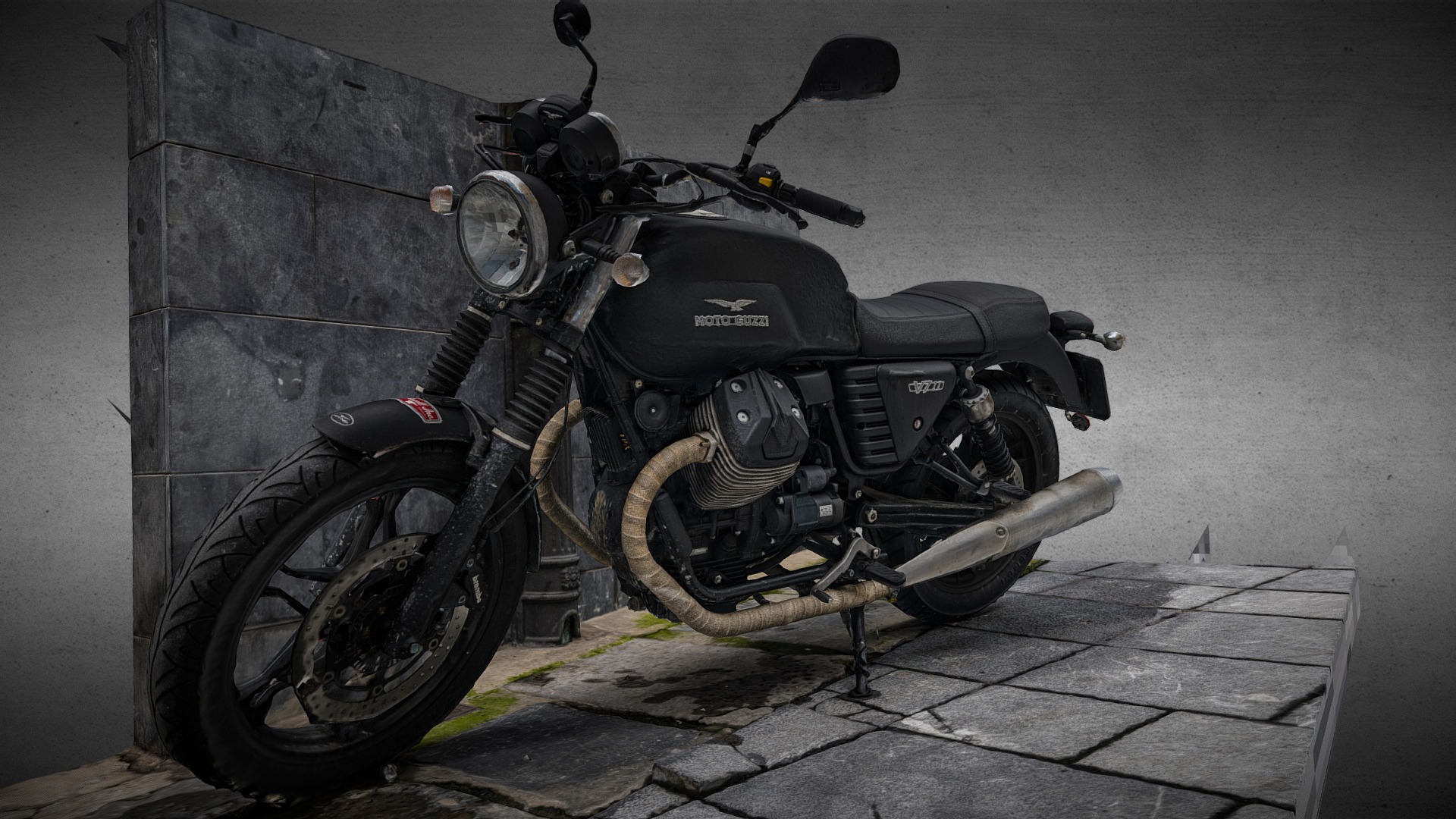 3D model Motorbike Guzzi v7 photogrammetry scan remake - This is a 3D model of the Motorbike Guzzi v7 photogrammetry scan remake. The 3D model is about a motorcycle parked in a garage.