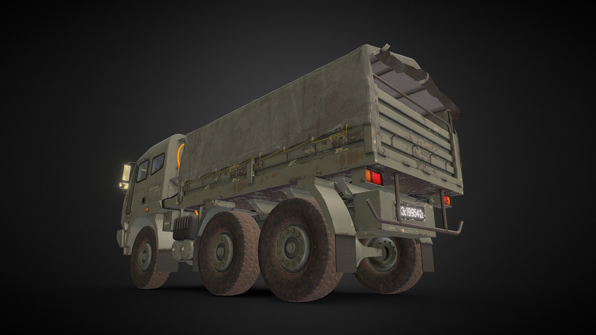 3D model 6×6 Military Truck Variation 6 +Rolled Tarpaulin - This is a 3D model of the 6x6 Military Truck Variation 6 +Rolled Tarpaulin. The 3D model is about a toy military vehicle.