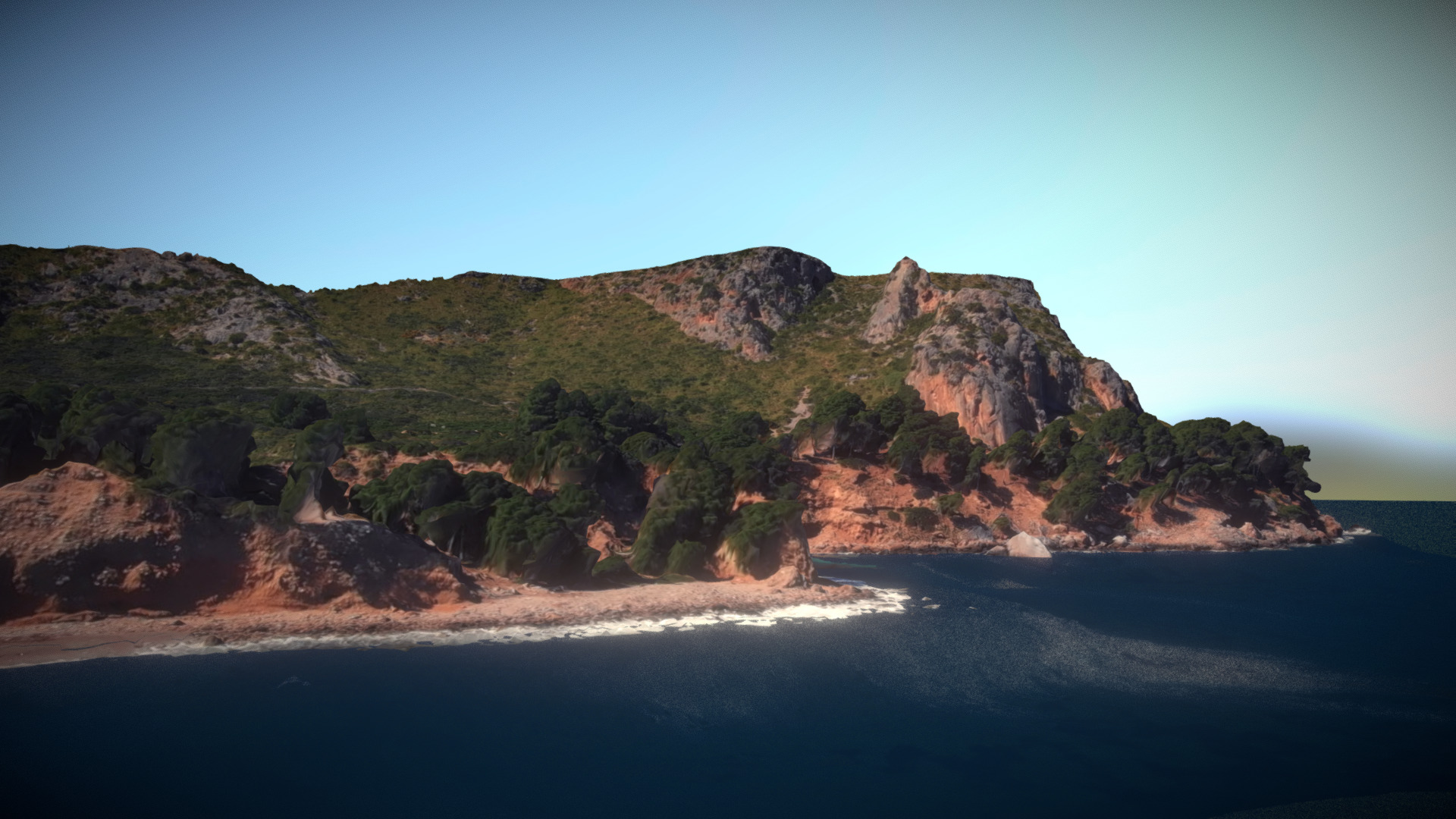 3D model MALLORCA Sea And Mountain - This is a 3D model of the MALLORCA Sea And Mountain. The 3D model is about a rocky island with a beach and blue sky.