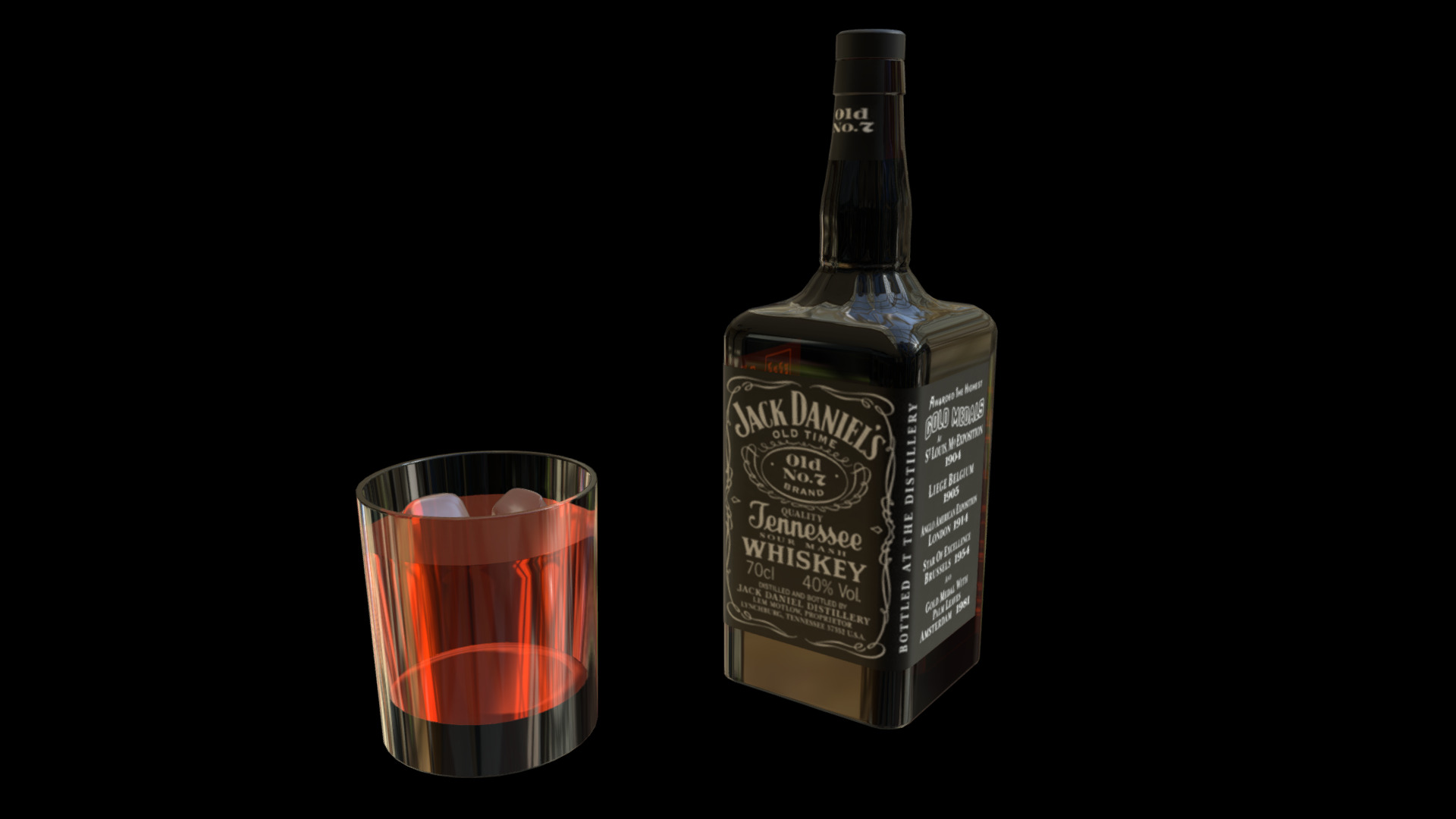 3D model Jack Daniel’s Bottle and Glass - This is a 3D model of the Jack Daniel's Bottle and Glass. The 3D model is about a bottle of alcohol next to a glass of alcohol.
