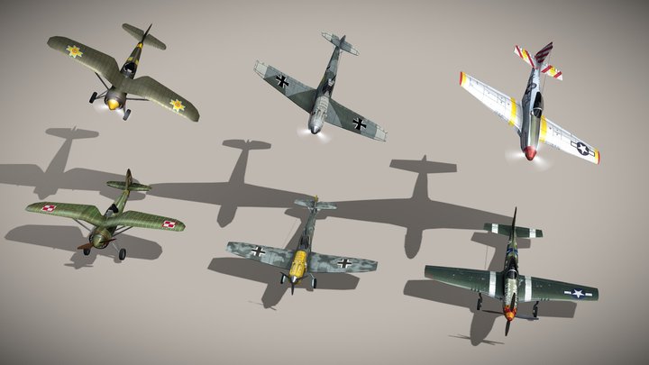 WW2 fighters lowpoly set A: 3+3 3D Model
