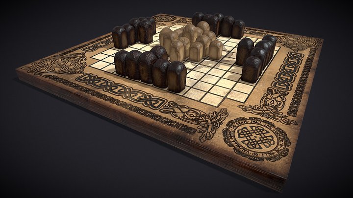 Wooden Carved Hnefatafl Viking Chess Set 3D Model