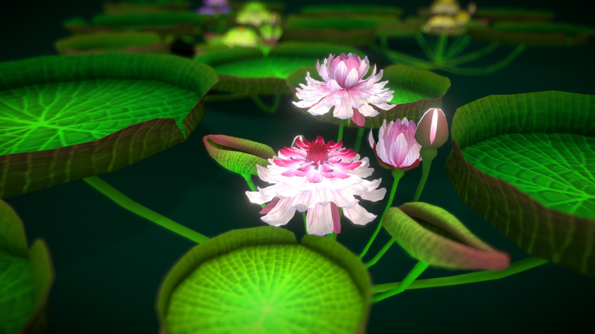 3D model Flower Guyana - This is a 3D model of the Flower Guyana. The 3D model is about a hand holding a pink flower surrounded by lily pads.
