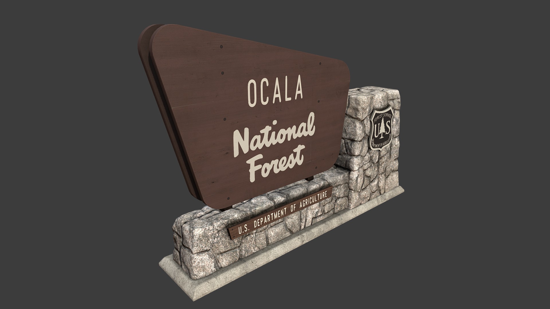 3D model National Forest Stone Sign - This is a 3D model of the National Forest Stone Sign. The 3D model is about a wooden sign with writing on it.