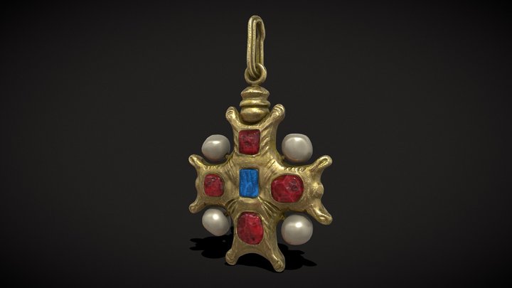 Gold Ruby Sapphire Pearl Cross Pendant 3D Model