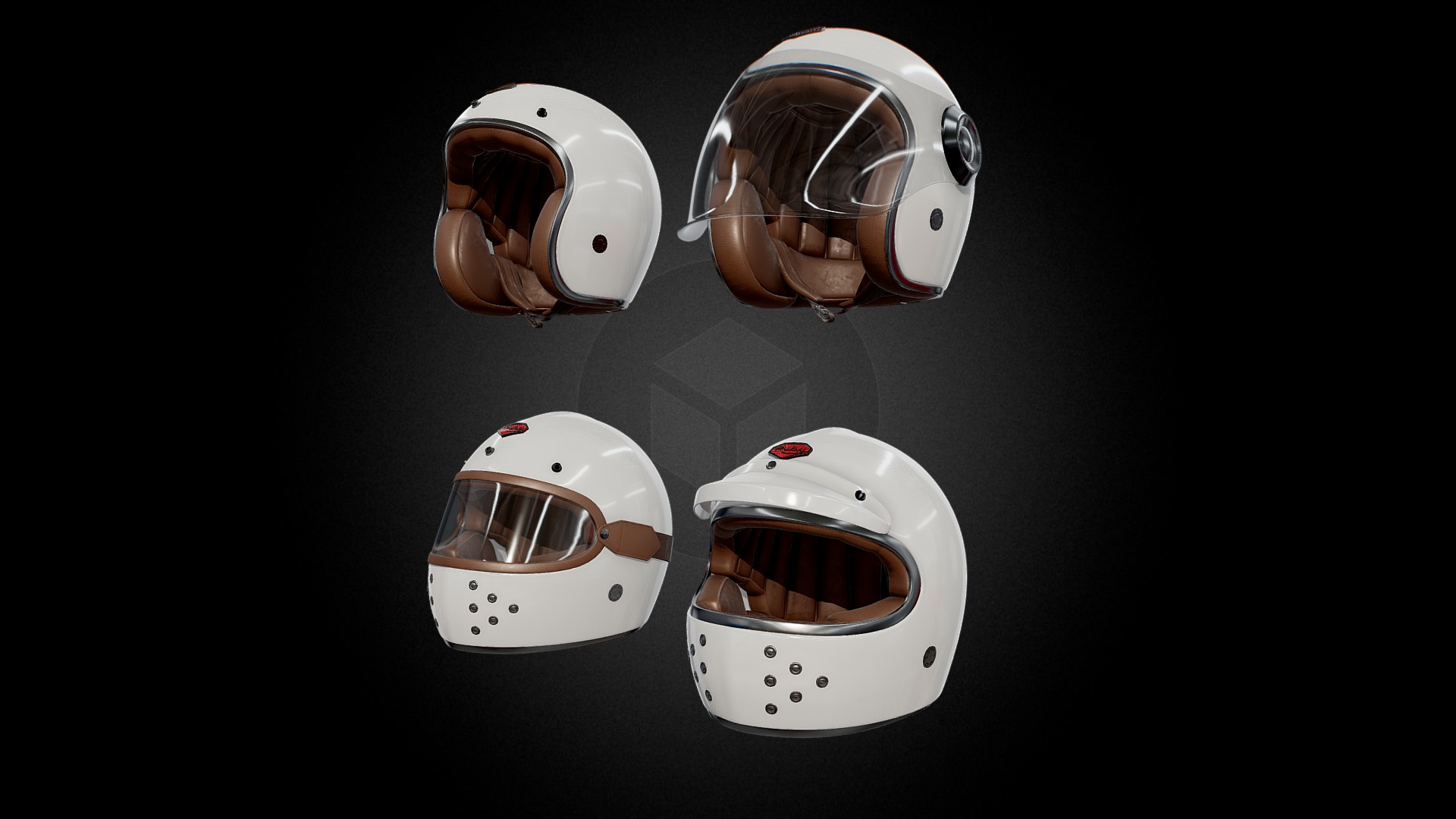 3D model Collection of Motorcycle Helmet - This is a 3D model of the Collection of Motorcycle Helmet. The 3D model is about a group of white and black helmets.