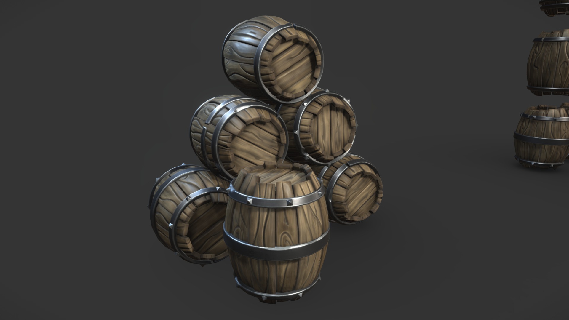 3D model Fantasy Wooden Barrels - This is a 3D model of the Fantasy Wooden Barrels. The 3D model is about a group of gold and silver coins.