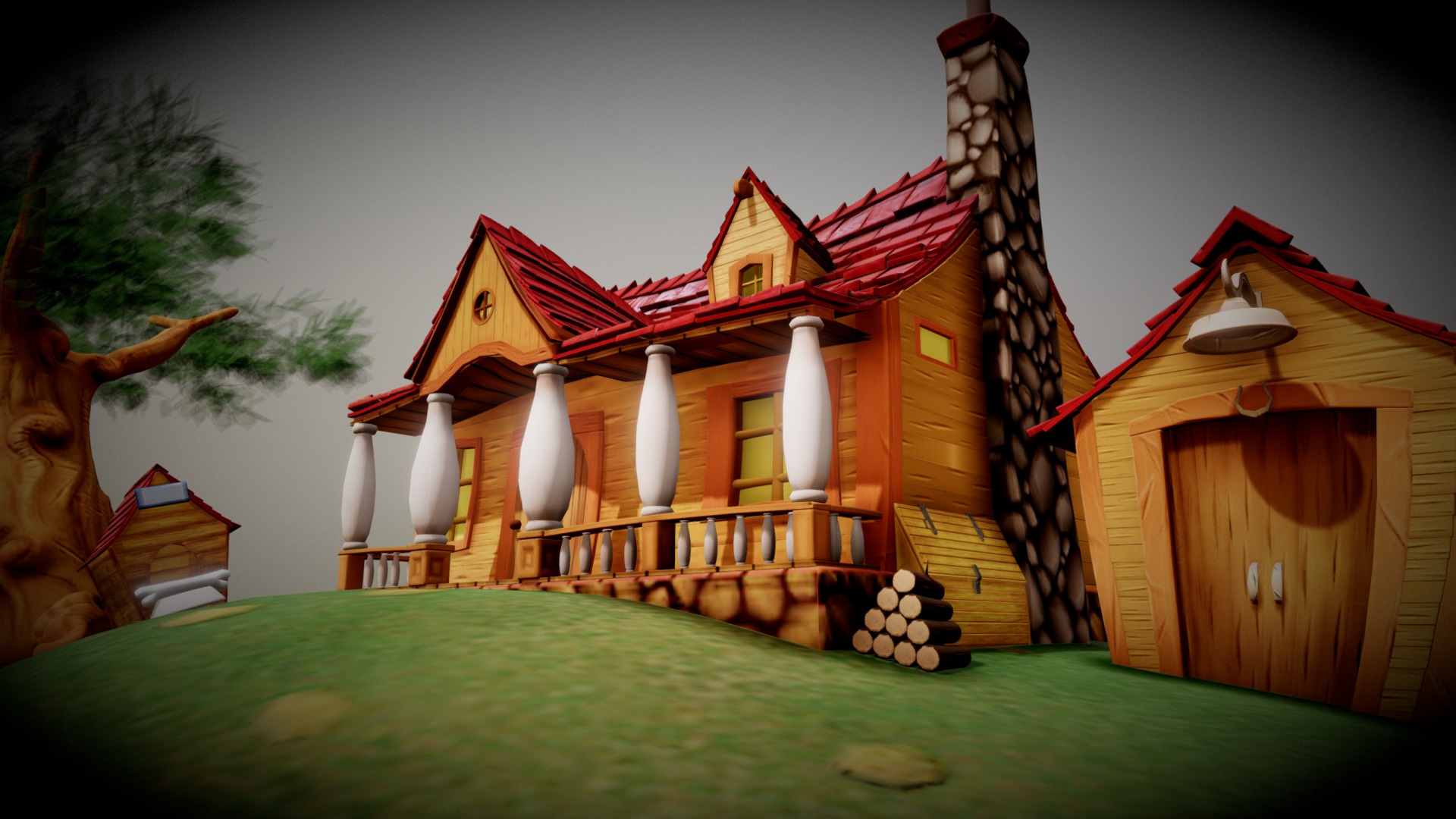 3D model Toon House - This is a 3D model of the Toon House. The 3D model is about a house with a tree and a yard.