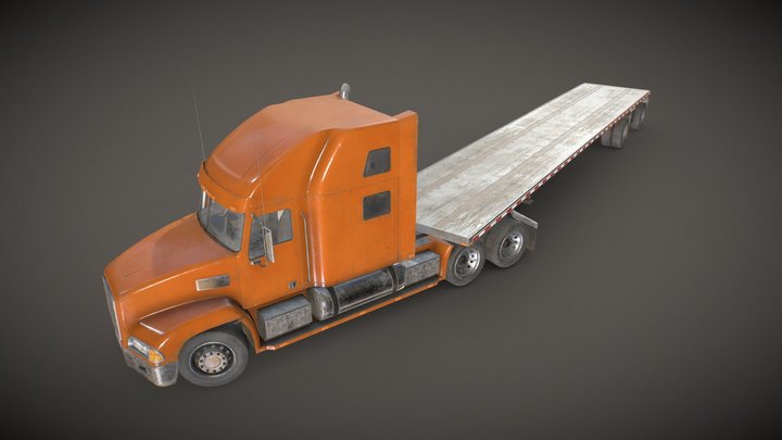 Semi Truck Flatbed Trailer - Low Poly 3D Model