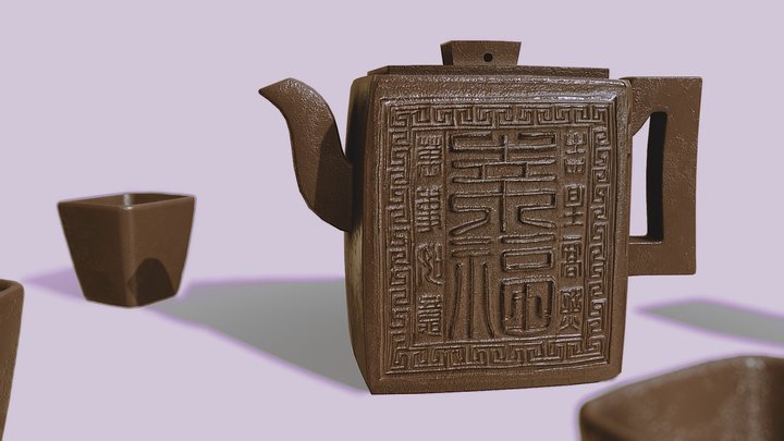 Chinese Teapot with Cups 3D Model
