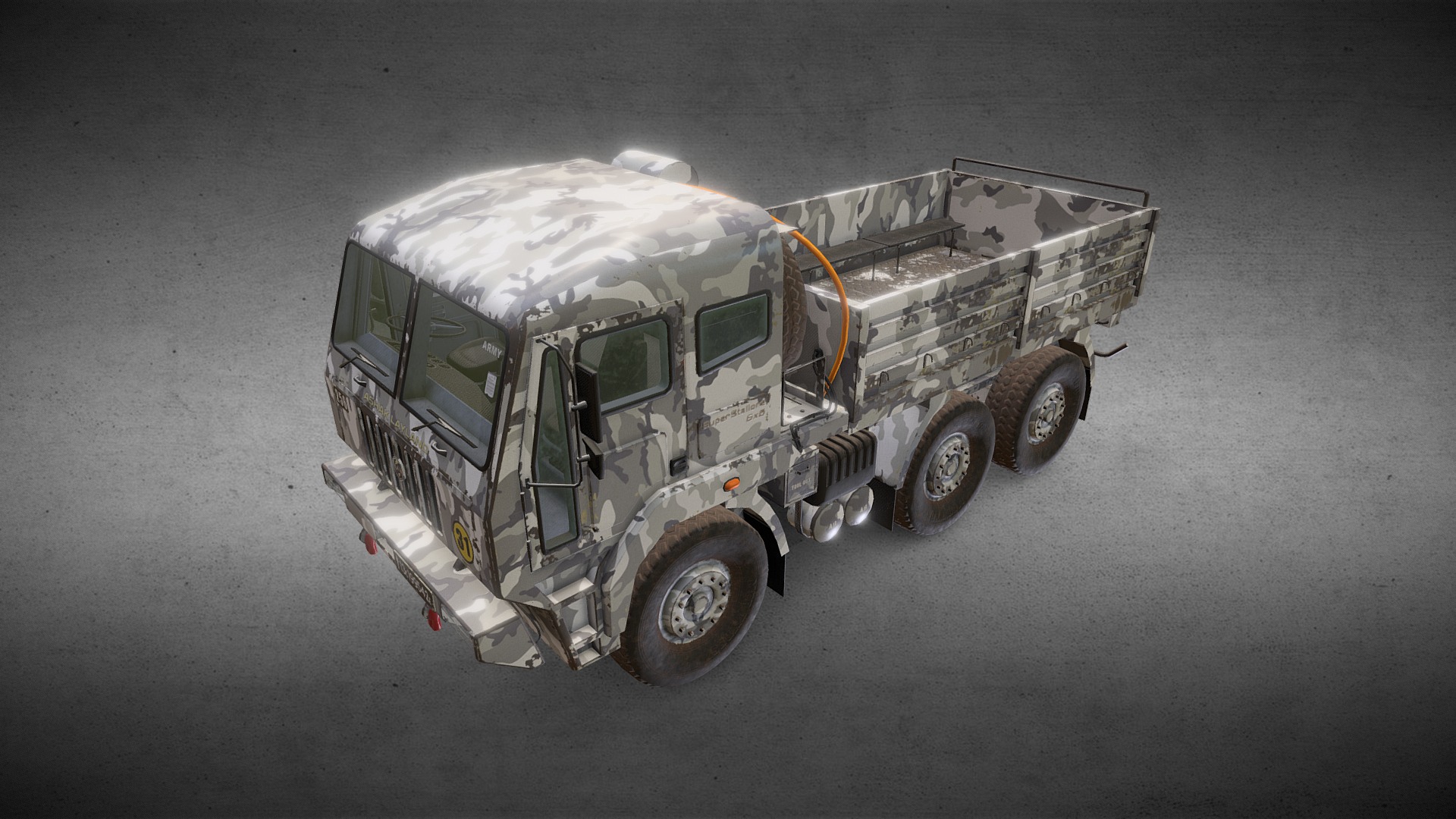 3D model 6×6 Military Truck Variation 4 (No Tarp Frame) - This is a 3D model of the 6x6 Military Truck Variation 4 (No Tarp Frame). The 3D model is about a toy truck on a grey surface.