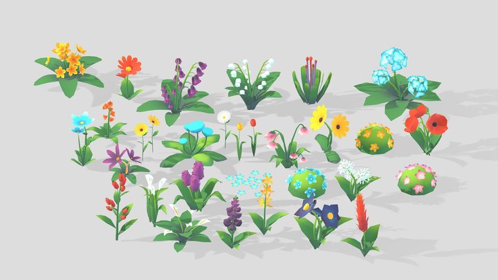 Stylized Low Poly Flowers Pack 01 3D Model
