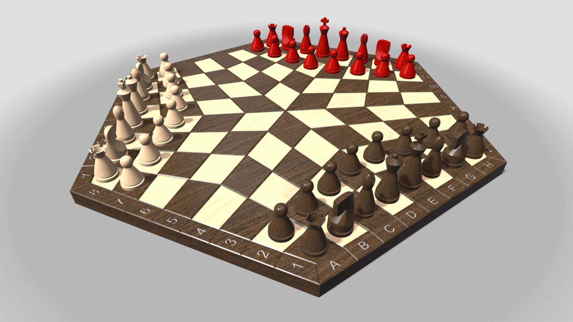3D model Chess Three Players - This is a 3D model of the Chess Three Players. The 3D model is about a chess board with pieces.