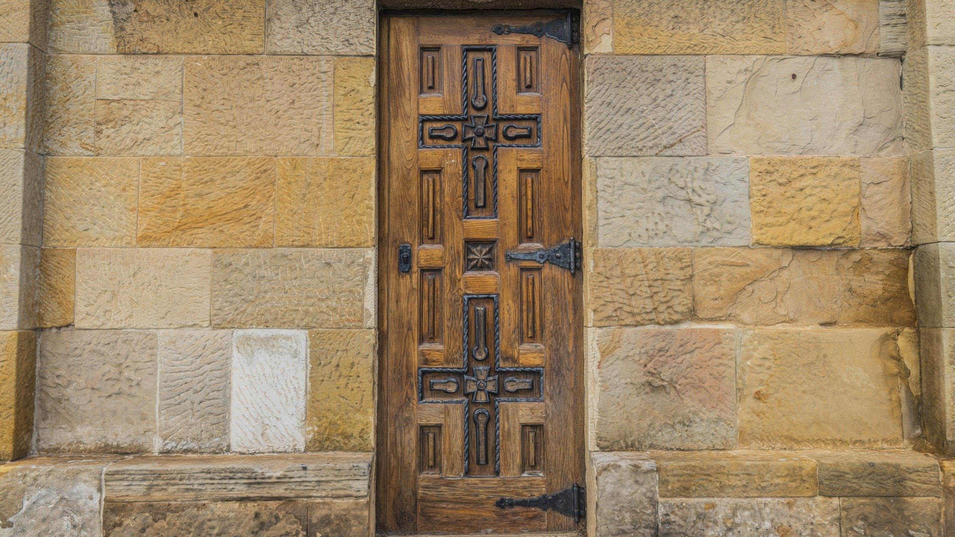 Wood door in stone wall scan