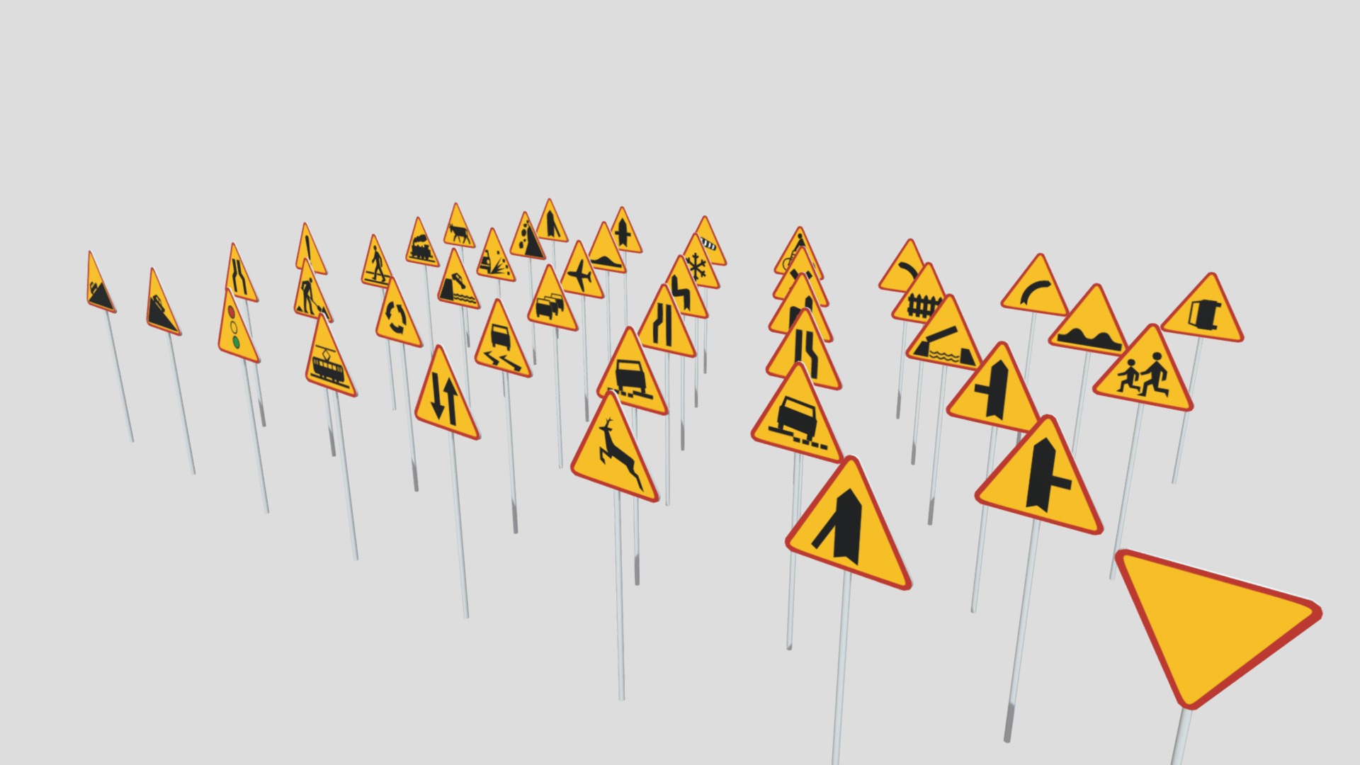 3D model Road Warning Signs Pack – Poland - This is a 3D model of the Road Warning Signs Pack - Poland. The 3D model is about shape, arrow.