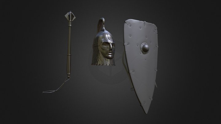 Medieval mace, shield and helmet. 3D Model