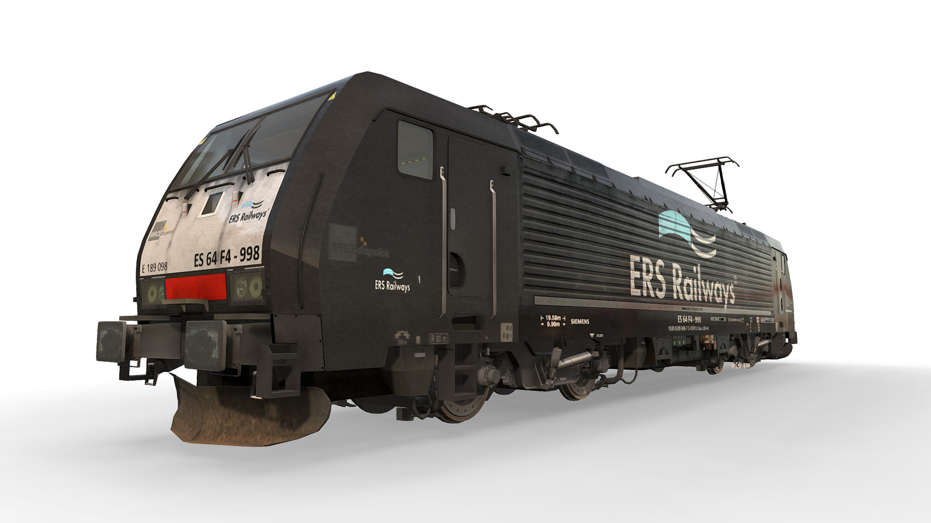 3D model Locomotive Class ES64F4 – 189 098-7 – MRCE / ERS - This is a 3D model of the Locomotive Class ES64F4 - 189 098-7 - MRCE / ERS. The 3D model is about a black train with a white background.
