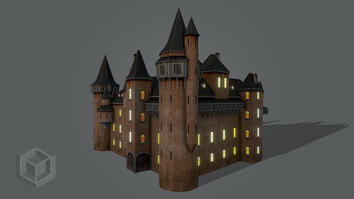 Low Poly Castle Chateau - Night Cycle 3D Model