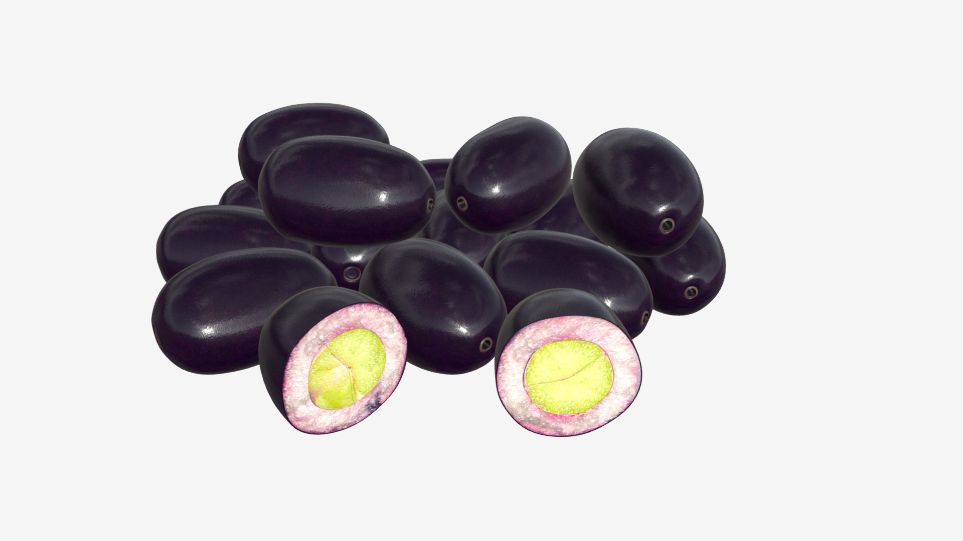 3D model Jambolan plums whole and half sliced - This is a 3D model of the Jambolan plums whole and half sliced. The 3D model is about a black and red video game controller.
