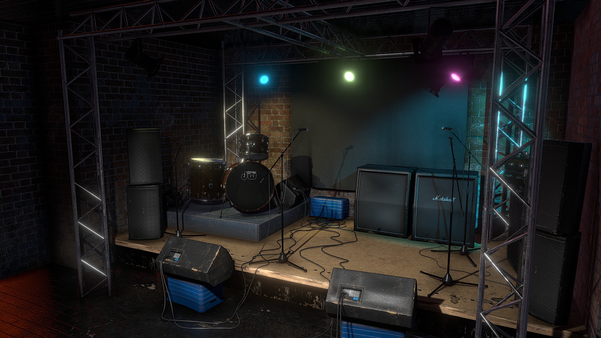 3D model Every gig, ever… - This is a 3D model of the Every gig, ever.... The 3D model is about a stage with a set of speakers and a drum set.