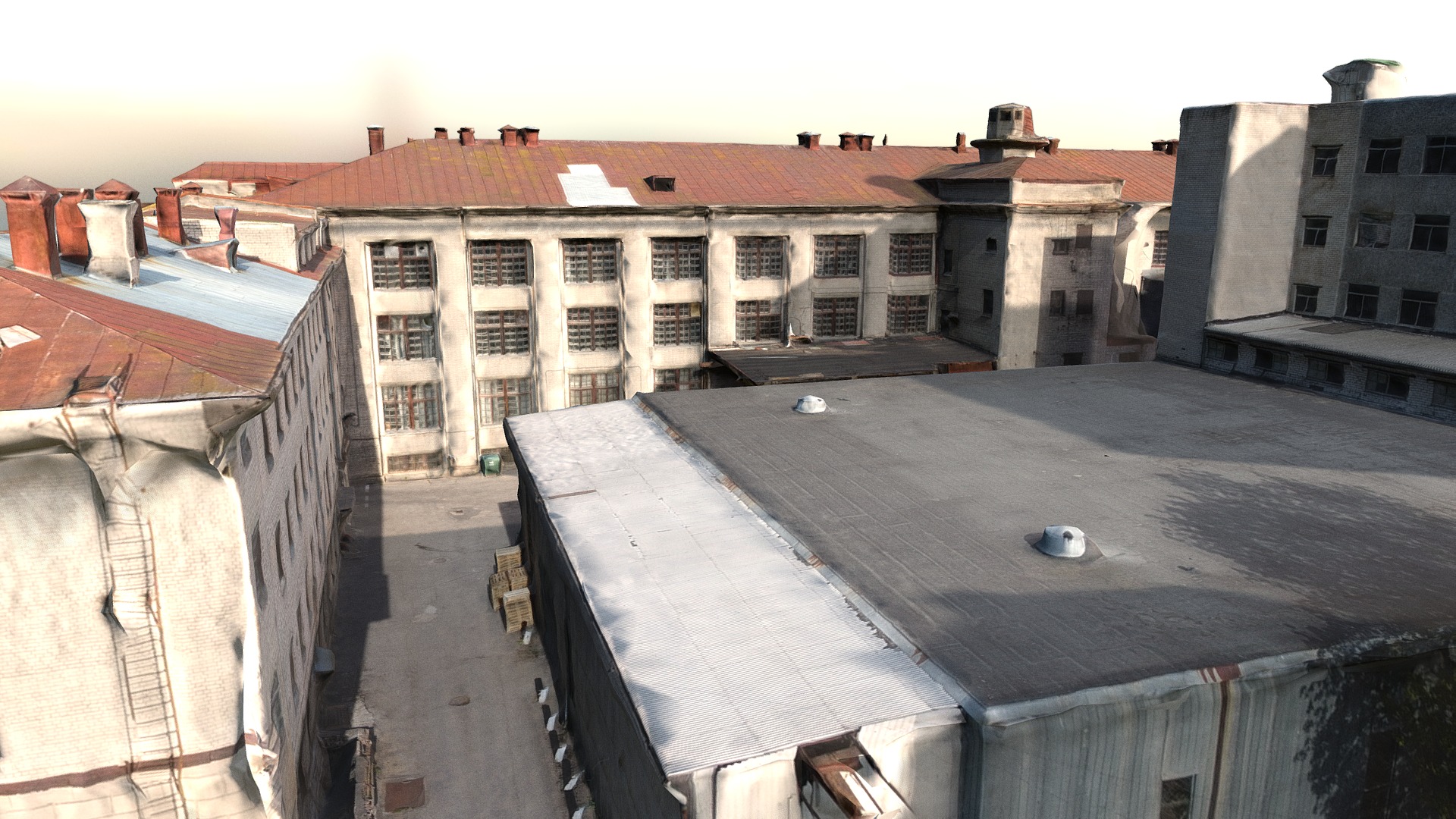 3D model Large Old Soviet Building Rooftops - This is a 3D model of the Large Old Soviet Building Rooftops. The 3D model is about a rooftop of a building.