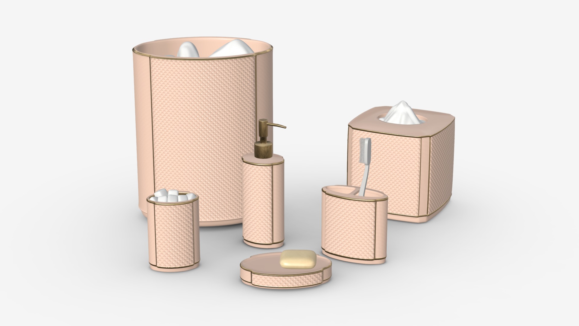 3D model Furla Cream Damask Ceramic Bath Accessories - This is a 3D model of the Furla Cream Damask Ceramic Bath Accessories. The 3D model is about a group of small containers.