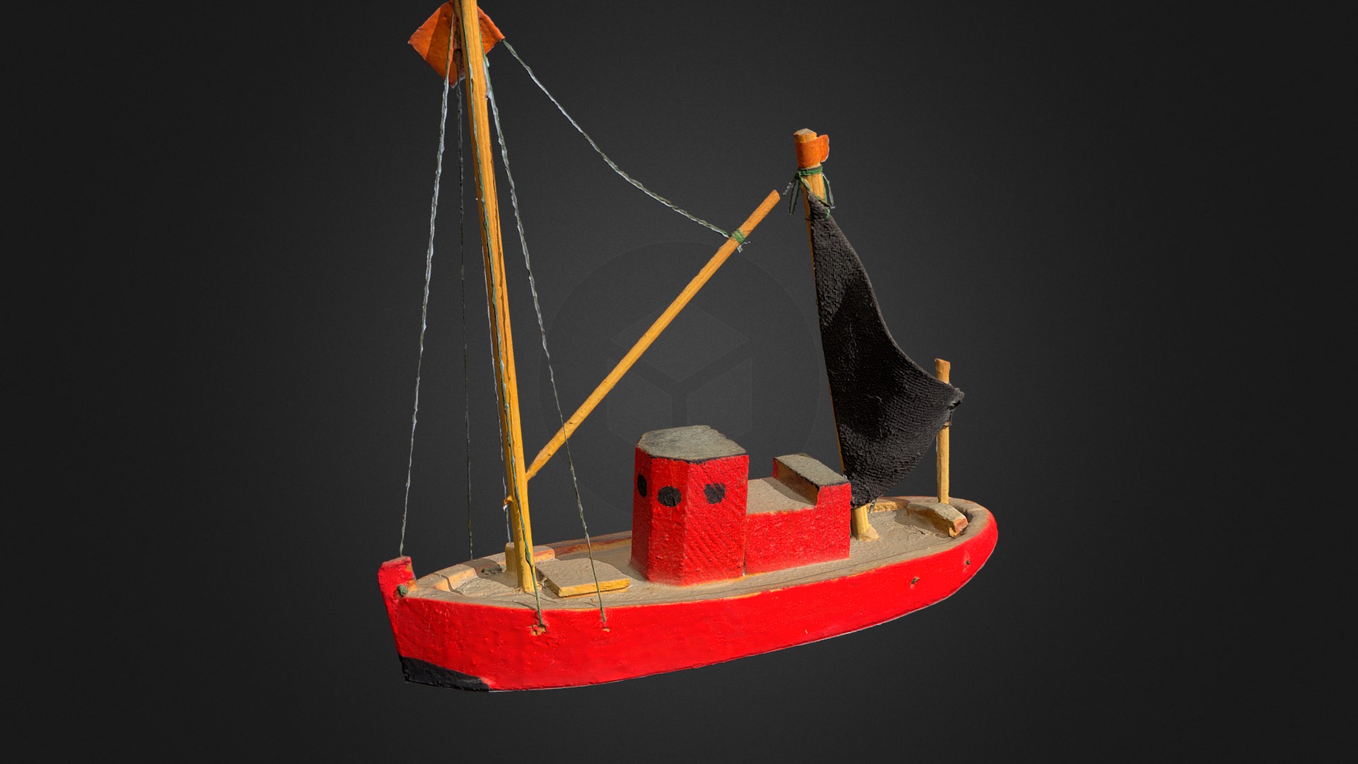 3D model Wood Boat_02 Handmade (6cm long) - This is a 3D model of the Wood Boat_02 Handmade (6cm long). The 3D model is about a small boat with a black umbrella.