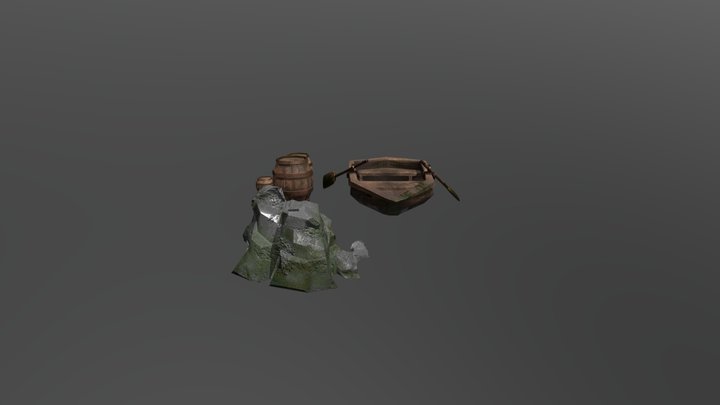 Boat, rocks, and barrels 3D Model
