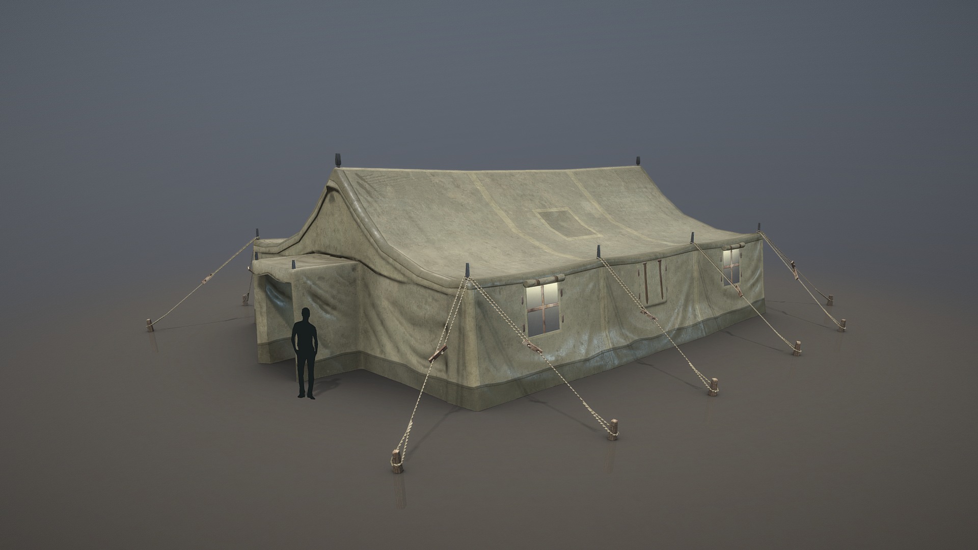 3D model Military Tent 01 Desert - This is a 3D model of the Military Tent 01 Desert. The 3D model is about a person standing next to a tent.