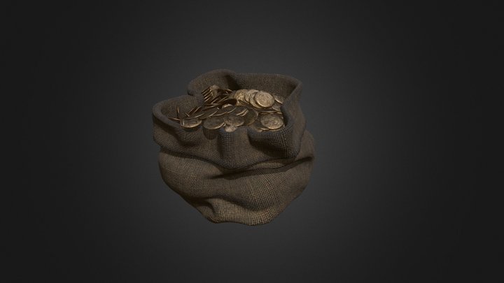 Large Burlap Sack with Gold Doubloons 3D Model