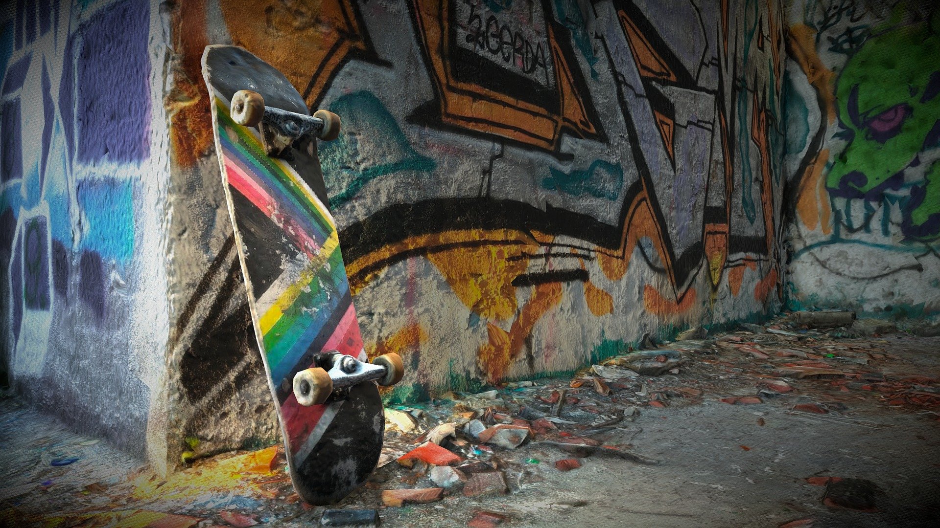 Skateboard Against a Painted Wall