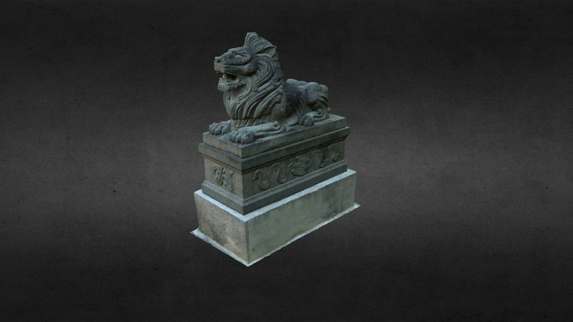 3D model Nai Wai Village – Chinese Lion - This is a 3D model of the Nai Wai Village - Chinese Lion. The 3D model is about a stone statue on a black surface.