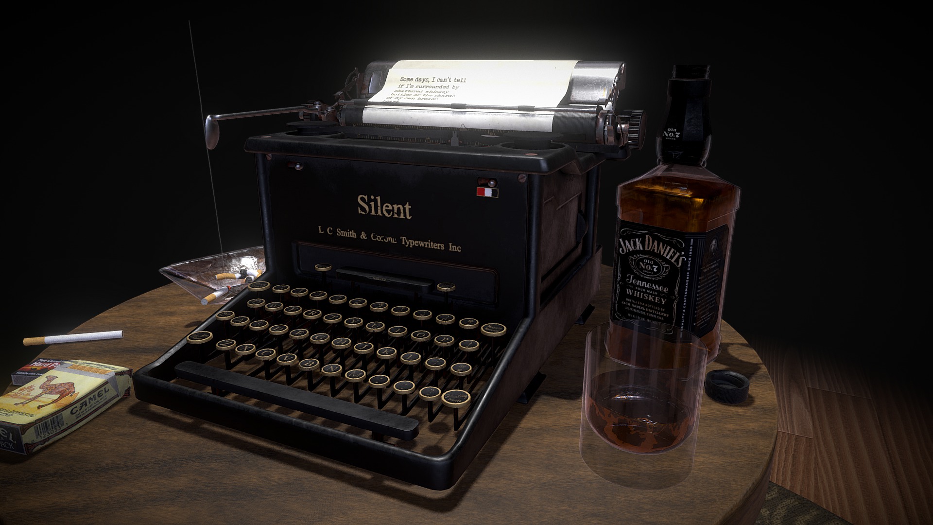 3D model Late Night Poem (Typewriter Noir) - This is a 3D model of the Late Night Poem (Typewriter Noir). The 3D model is about a typewriter and a bottle of alcohol on a table.