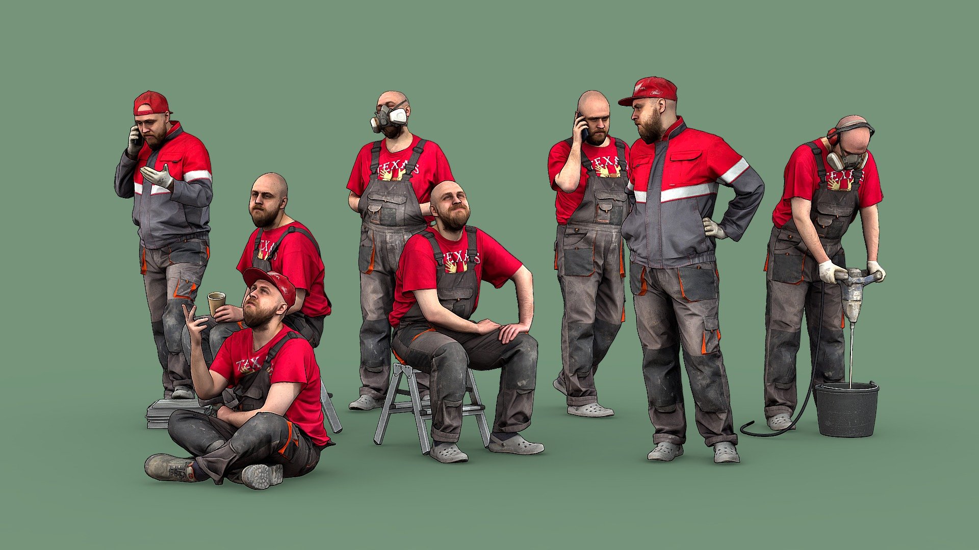 Bald Worker in Overalls and Red T-shirt — Sketchfab embed 3D viewer