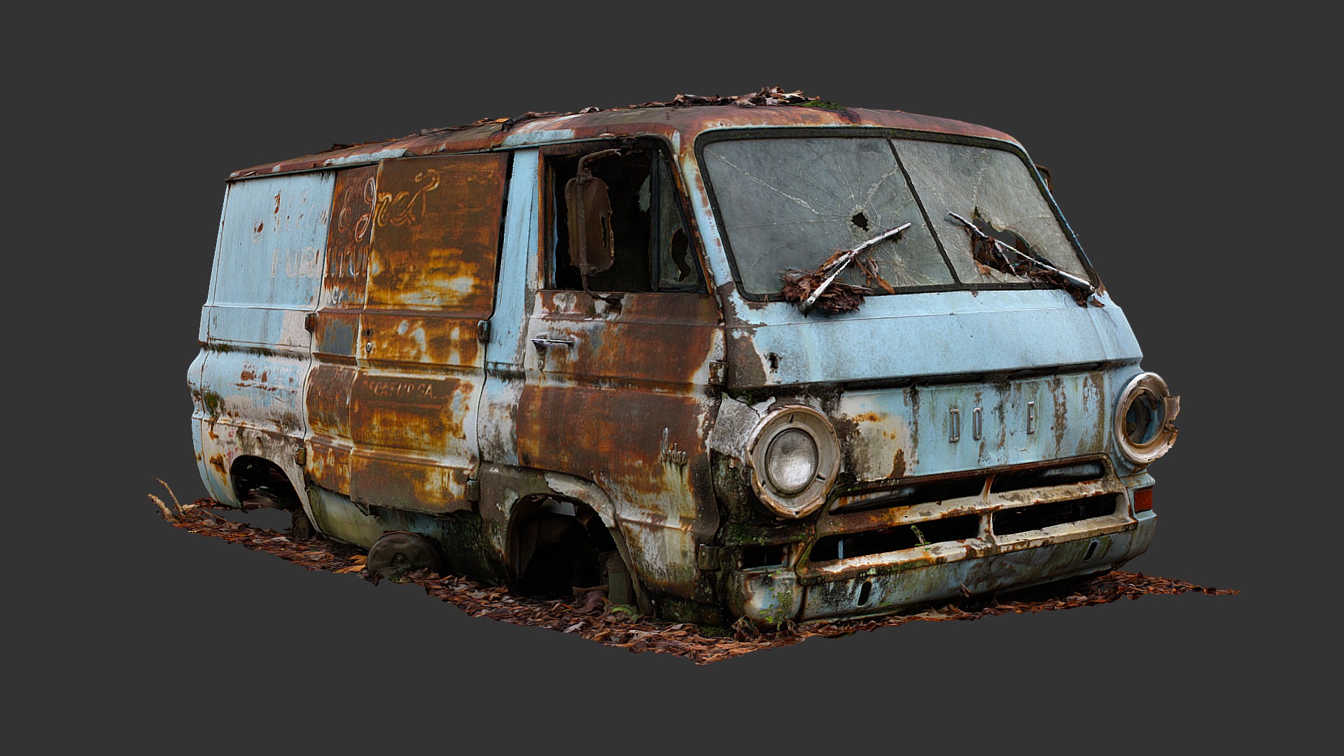 3D model Ruined Dodge Van (Raw Scan) - This is a 3D model of the Ruined Dodge Van (Raw Scan). The 3D model is about an old rusted out truck.