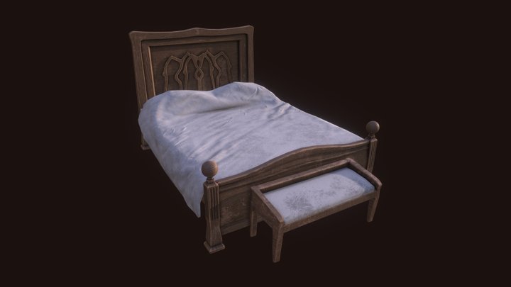 Old Medieval Bed and Bench 3D Model