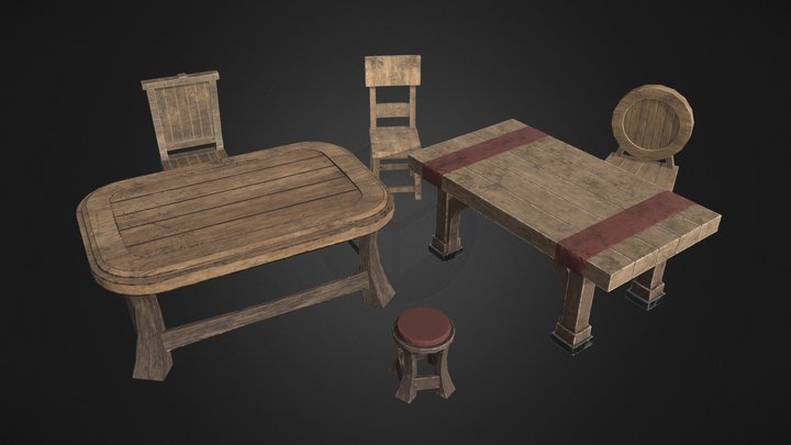 Medieval Tables & Chairs 3D Model