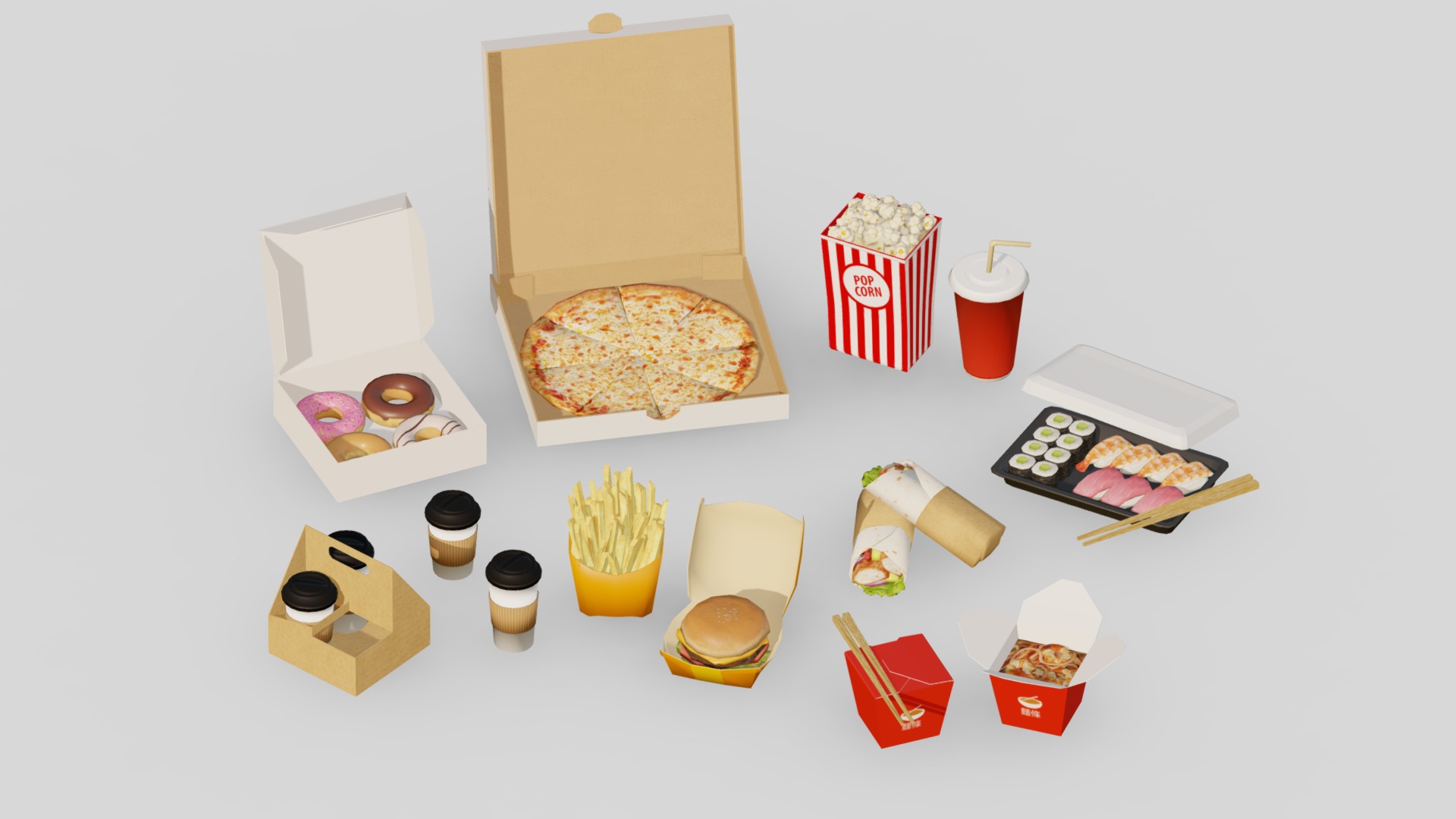 3D model Takeaway Fast Food G43 Low-poly - This is a 3D model of the Takeaway Fast Food G43 Low-poly. The 3D model is about a table with food and drinks on it.
