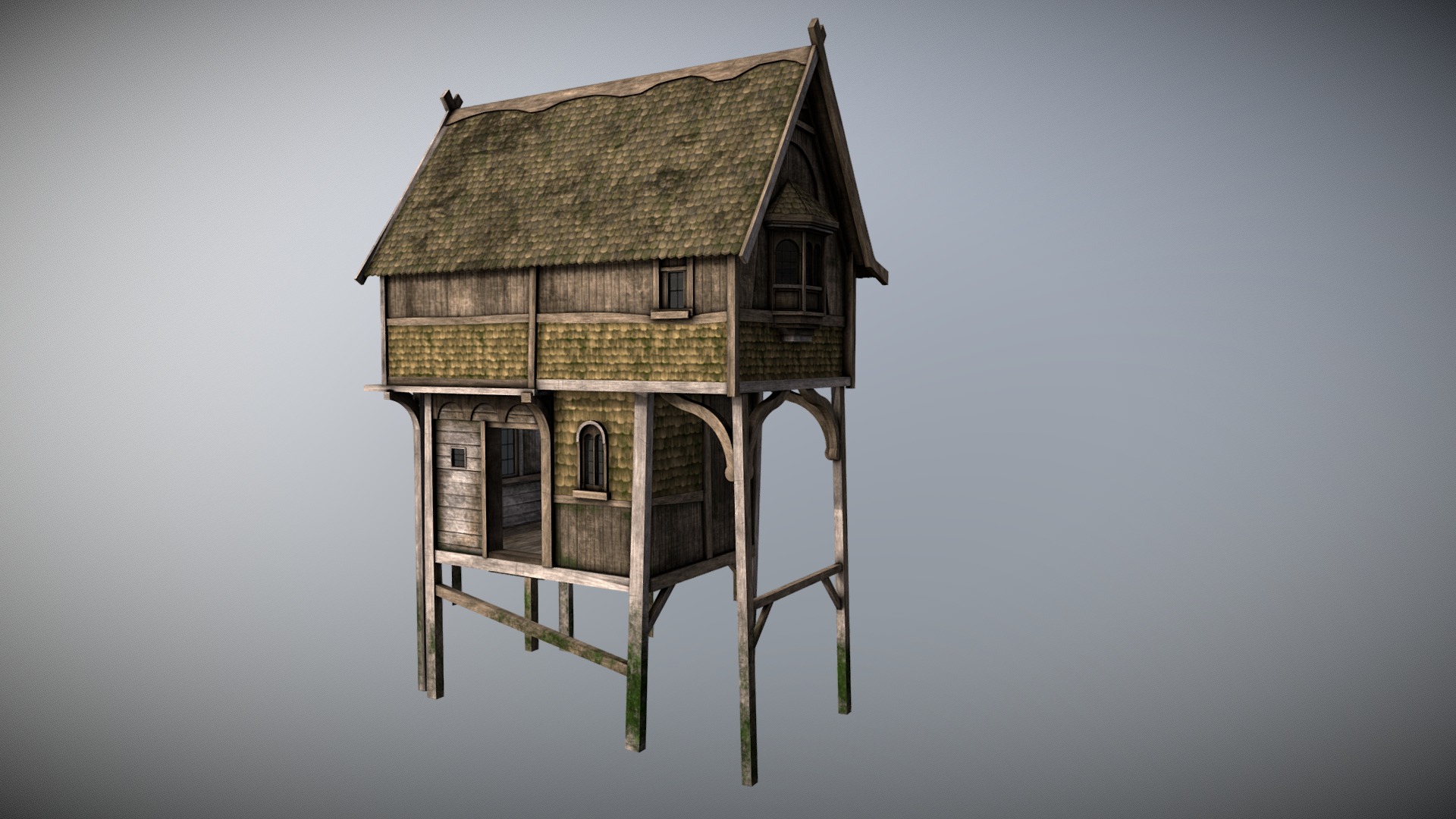3D model Medieval Lake Village – House 1 with interiors - This is a 3D model of the Medieval Lake Village - House 1 with interiors. The 3D model is about a small wooden house.